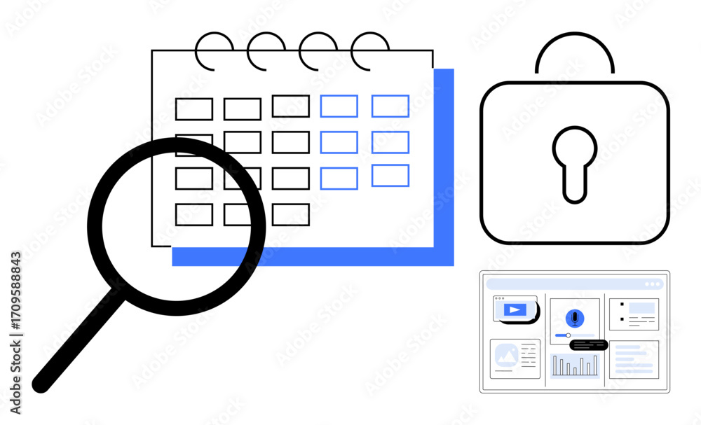 Poster magnifying glass examining a calendar, lock symbol for security, and a webpage interface. ideal for 