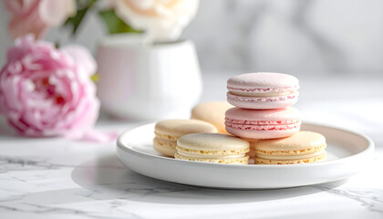 Delicate pastel macarons arranged on a plate, next to a vase of pink peonies.