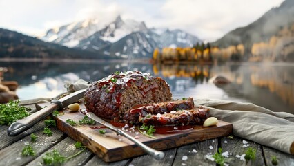 Hearty Meatloaf Dinner at a Campsite by a Snowy Alpine Lake in Autumn