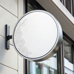 Round white signage with delicate rose outline graphic on building exterior circular