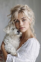 A woman holding a white dog in her arms