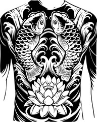 Fototapeta premium SVG tattoo design inspired by traditional Japanese Irezumi (Wabori) style. Intricate Black and White Koi Fish Tattoo Design with Lotus Flower