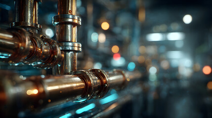 Medium shot of a liquid cooling manifold system highlighted in sharp detail with the rest of the data center environment faded into a soft bokeh.