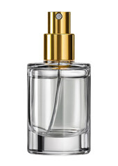 Rectangular clear glass perfume bottle with gold spray top