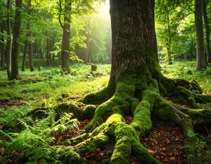 Mystical forest scenery with moss-covered tree roots and sunbeams