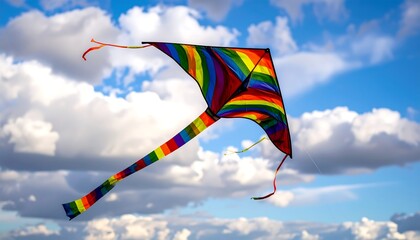 Colorful kite soaring in a cloudy blue sky