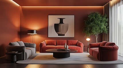 Elegant living room in deep terracotta color scheme with modern sofas, round coffee table, large artwork and indoor tree, creating a warm, luxurious and stylish atmosphere.
