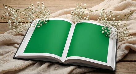 Open Book with Green Screen Pages and White Flowers on a Wooden Table.