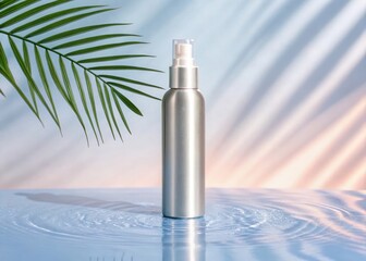 Sleek silver metallic spray bottle with clear pump on rippling blue water surface and palm leaf aluminum