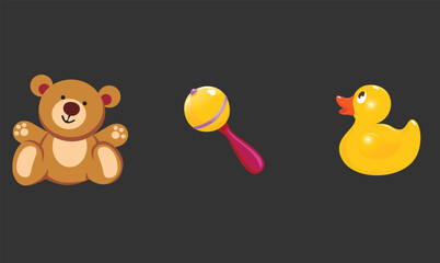 Flat design illustration of baby elements including a yellow duck, shaker, and teddy bear toy, symbolizing childhood, playfulness, and comfort in a soft and cheerful design.