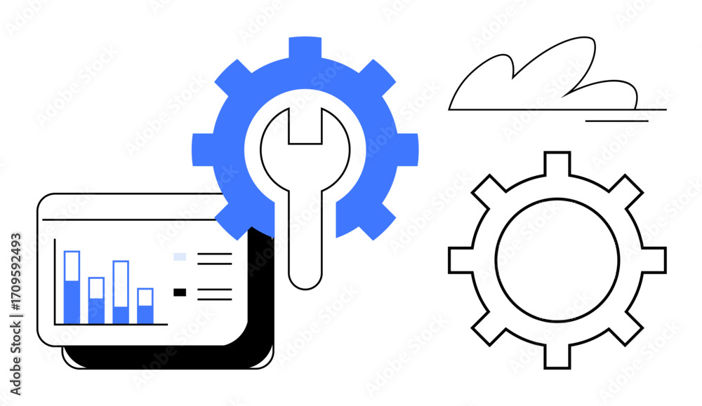 Poster gear and wrench for repair, analytics dashboard for data, and cloud for computing. ideal for mainten