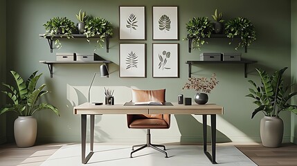 Fresh green home office with botanical wall art, open shelves, wooden desk and natural light, creating an inspiring and calming workspace with organic and minimalist Scandinavian touch.