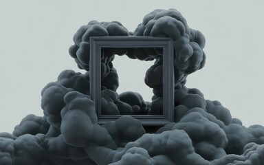 Square frame emerging from dark swirling clouds against a pale sky smoke