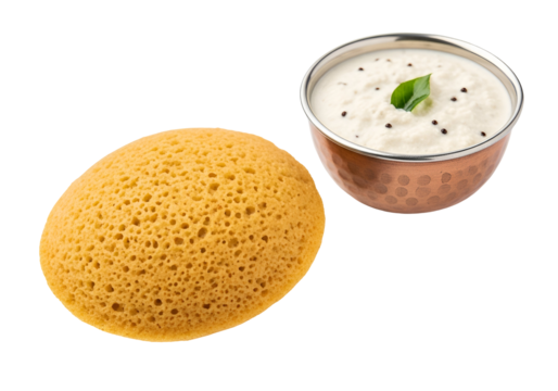 A round, golden-brown spongy bread bun is presented alongside a bowl of creamy, spiced chutney.