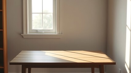 Fototapeta premium Minimalist wooden desk bathed in morning sunlight, offering a clean and inspiring workspace.
