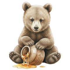 Baby bear with honey pot watercolor clipart on transparent background