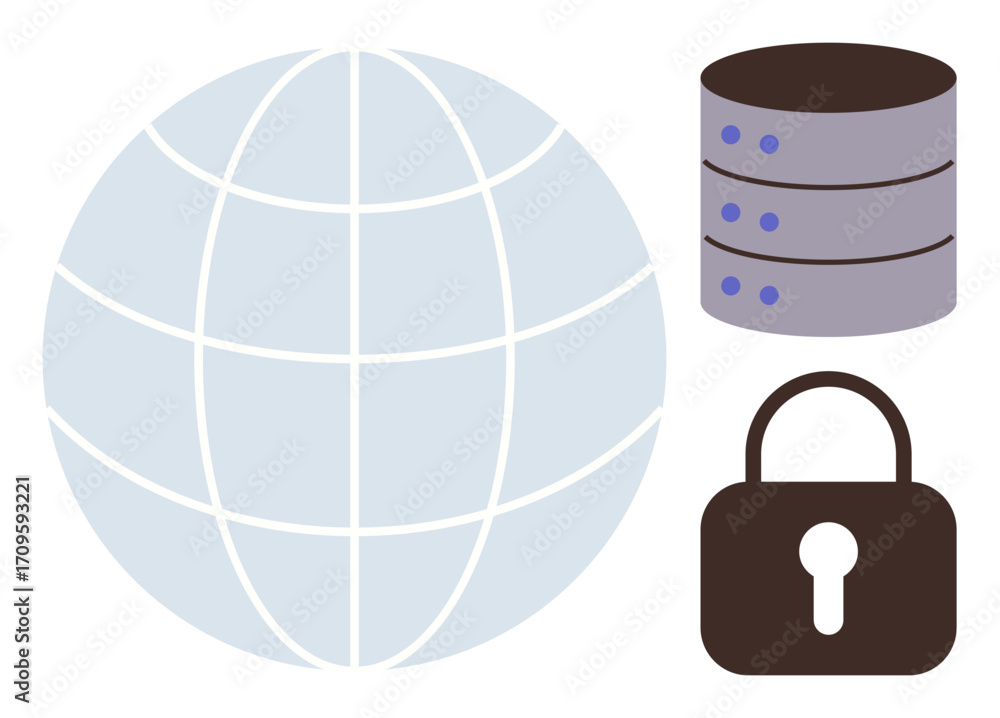 Aufkleber globe, lock, and database illustrating data security, global networking, storage, cyber-protection, 