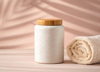 Speckled ceramic jar with bamboo lid and rolled towel on pink background with palm leaf shadows white