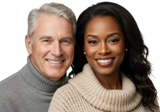 Diverse couple smiling together isolated on transparent background