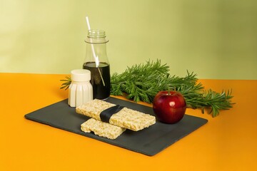 Still life of cereal bars with apple drink and rosemary sprig food granola bars