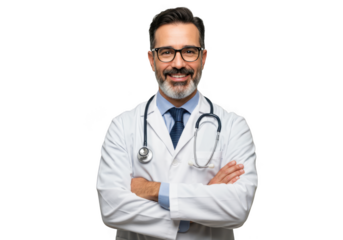 Professional male doctor wearing stethoscope and lab coat with crossed arms and glasses transparent background