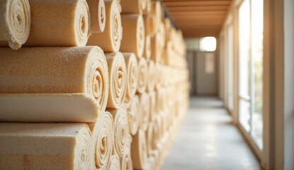 Close-up of stacked rolls of thermal insulation material. Ideal for illustrating construction, insulation installation, and building projects