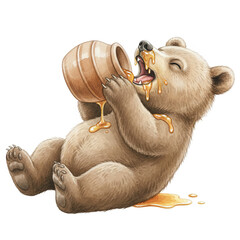 Baby bear with honey pot watercolor clipart on transparent background