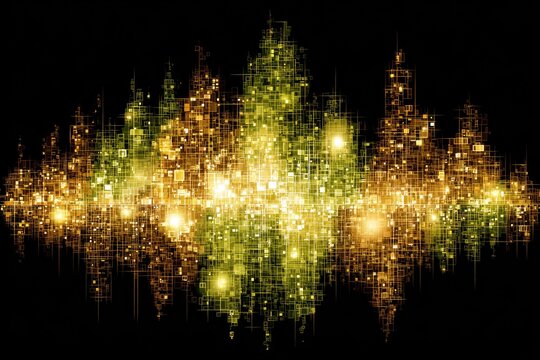 Abstract wave pattern of gold and green particles on black - Powered by Adobe