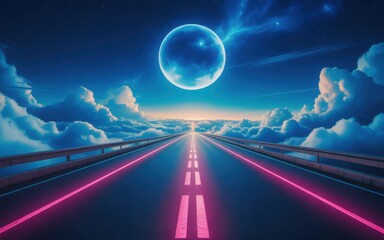 Surreal highway through clouds under glowing blue moon and starry sky road