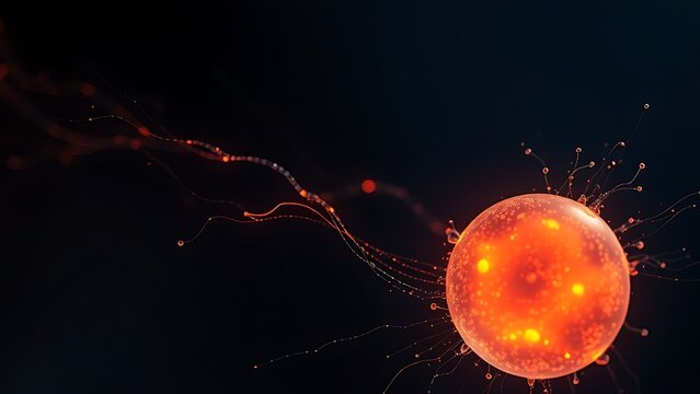 A single, glowing primordial cell dividing rapidly in a dark aquatic environment with vibrant energy trails.