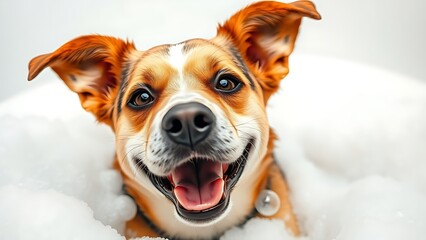 A playful dog enjoying a bubble bath, surrounded by foam and bubbles in a lighthearted moment.