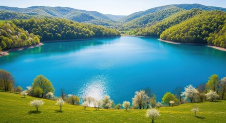 Fototapeta premium Serene lake nestled in a valley. Lush greenery surrounds the tranquil blue water
