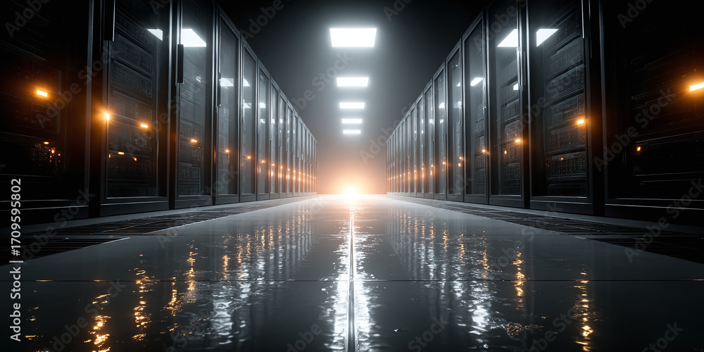Poster data center pathway a futuristic perspective of server racks and illuminated corridor