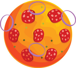 Cartoon pizza with salami and onion rings rotating in the space