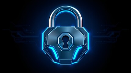 Glowing blue neon padlock with keyhole symbolizing cybersecurity, digital privacy, and data protection, set against a dark futuristic circuit board background, representing online safety and secure te