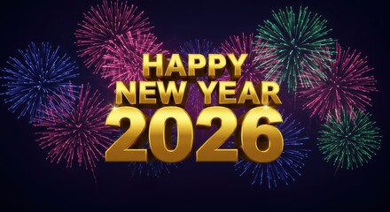 Golden 2026 Happy New Year celebration graphic featuring vibrant fireworks against a dark backdrop.