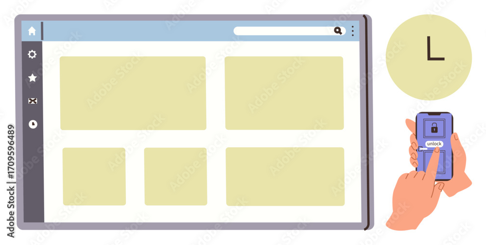 Aufkleber large browser window with grid layout next to hand using phone to unlock access. locked screen on ph