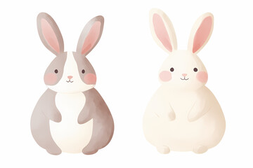 Fototapeta premium Adorable watercolor bunnies, one grey and one white, sitting side-by-side.