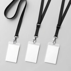 Three black lanyards with blank white id card holders on a gray background badge holder
