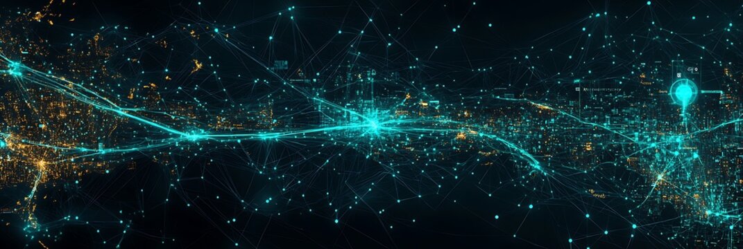 Global commerce data visualization with cyan glowing lines and logistic hubs map