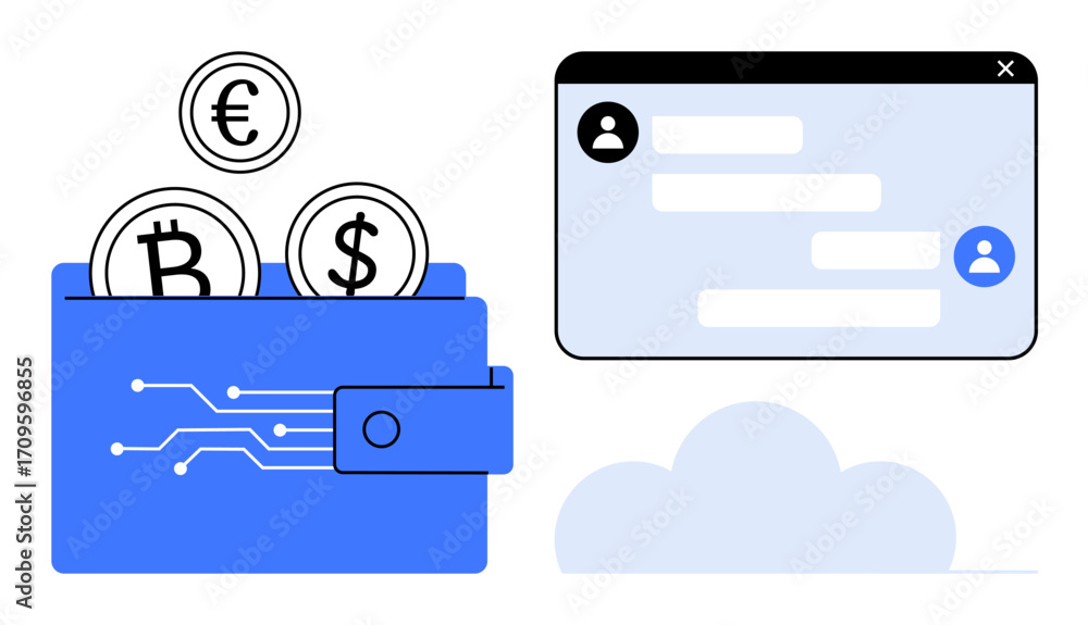 Poster blue digital wallet with cryptocurrency icons messaging interface with user profile and cloud below.
