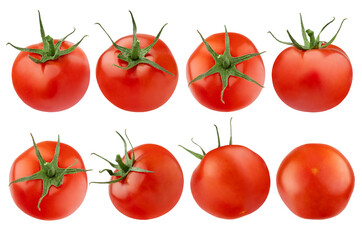 Collection of red ripe cherry tomatoes. Vibrant round whole ripe tomatoes with green stems from different sides, ideal for healthy eating and salad ingredient promotions. Isolated, studio shot.