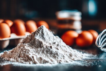 Pile of flour, eggs, and baking whisk