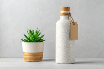 Textured white bottle with cork stopper and tag next to potted succulent plant image