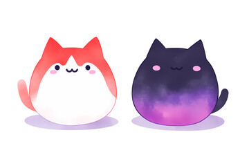Fototapeta premium Adorable cartoon cats, one red and one cosmic purple, sitting on clouds.
