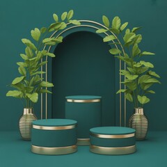 Three teal and gold pedestals with green plants in gold vases against a teal arch background display