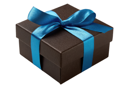 Dark brown gift box with vibrant blue ribbon