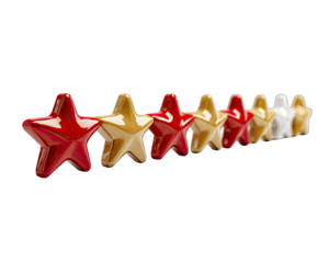 Row of glossy stars, red, gold, white