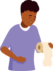 Black man with stomach pain holding toilet paper roll suffering from diarrhea or constipation