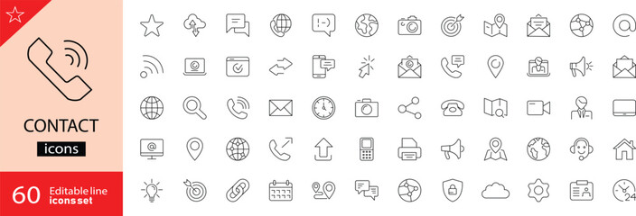 Contact related icons set. Including phone, email, address, form, connection, support, chat, message, call and communication. Editable stroke. outline icons. 